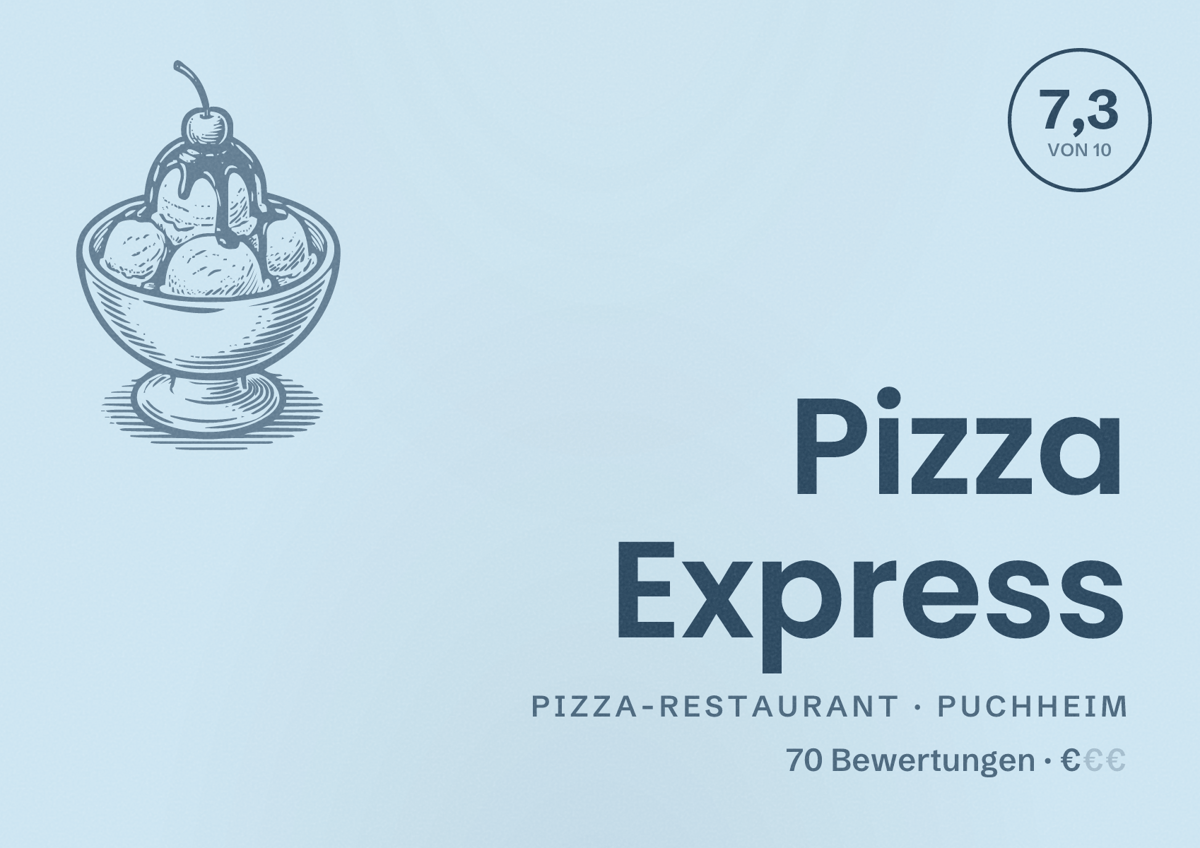 Illustriertes Poster von Pizza Express, Pizza-Restaurant in Puchheim: Bewertung 7,3 von 10 aus 70 Bewertungen, Preisniveau €