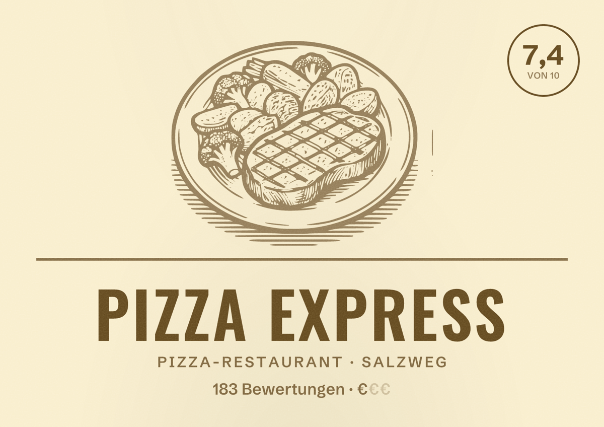 Illustriertes Poster von Pizza Express, Pizza-Restaurant in Salzweg: Bewertung 7,4 von 10 aus 183 Bewertungen, Preisniveau €
