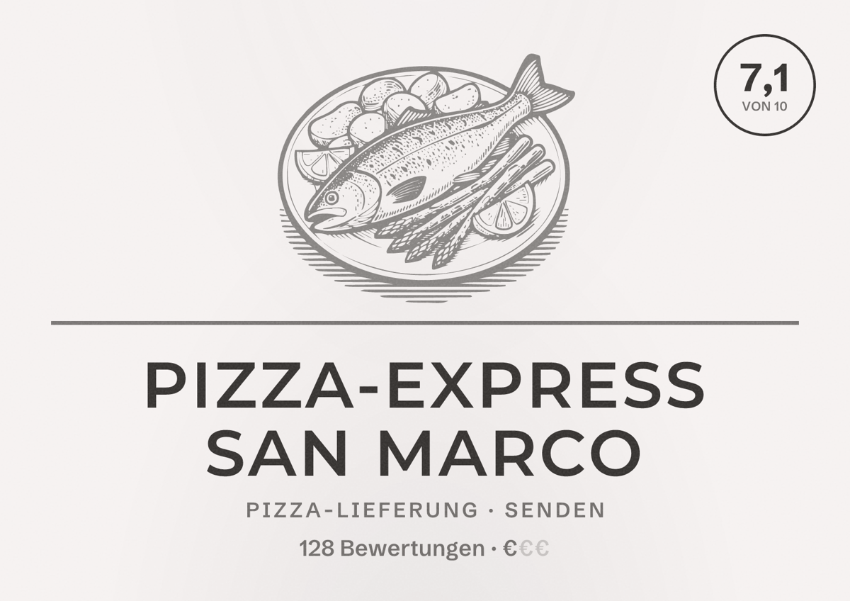 Illustriertes Poster von Pizza-Express San Marco, Pizza-Lieferung in Senden: Bewertung 7,1 von 10 aus 128 Bewertungen, Preisniveau €