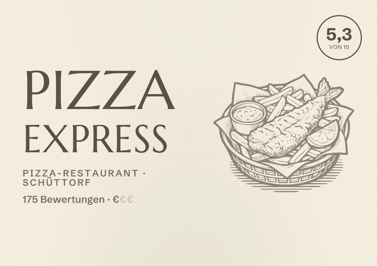 Illustriertes Poster von Pizza Express, Pizza-Restaurant in Schüttorf: Bewertung 5,3 von 10 aus 175 Bewertungen, Preisniveau €