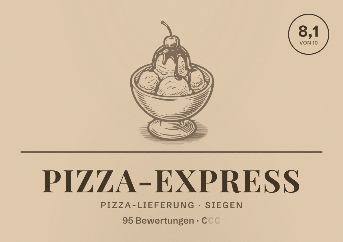 Illustriertes Poster von Pizza-Express, Pizza-Lieferung in Siegen: Bewertung 8,1 von 10 aus 95 Bewertungen, Preisniveau €
