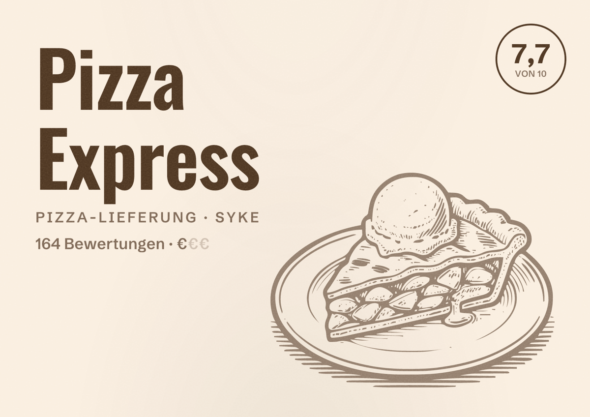 Illustriertes Poster von Pizza Express, Pizza-Lieferung in Syke: Bewertung 7,7 von 10 aus 164 Bewertungen, Preisniveau €