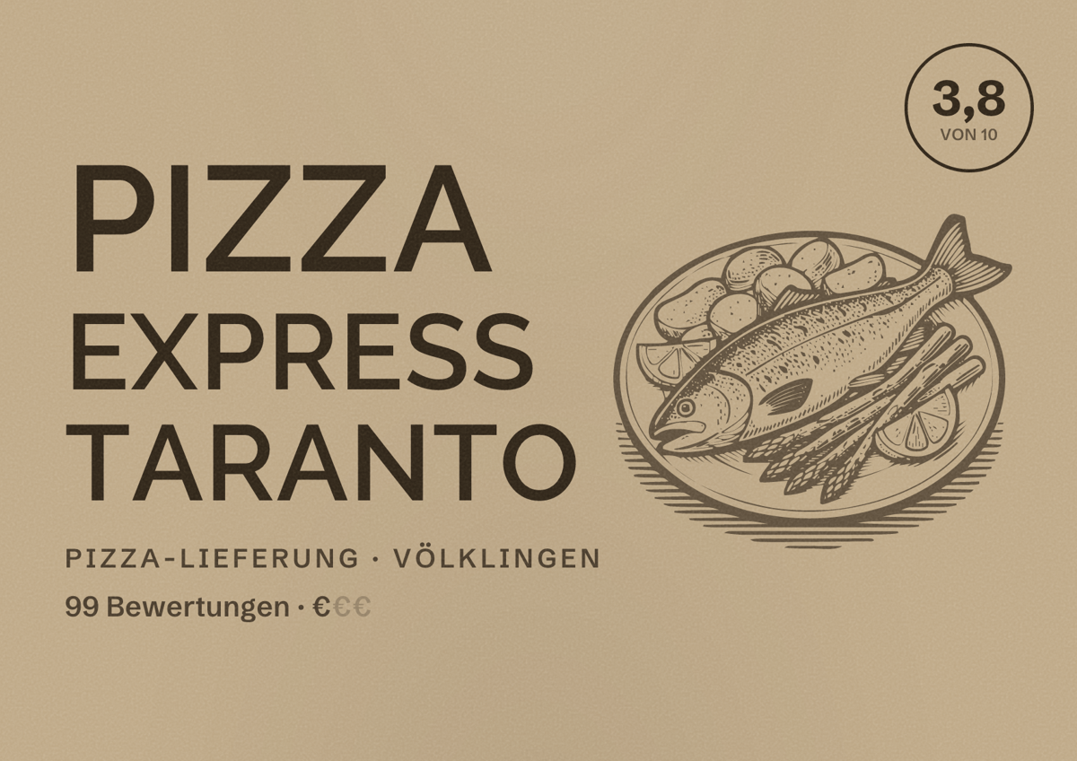 Illustriertes Poster von Pizza Express Taranto, Pizza-Lieferung in Völklingen: Bewertung 3,8 von 10 aus 99 Bewertungen, Preisniveau €