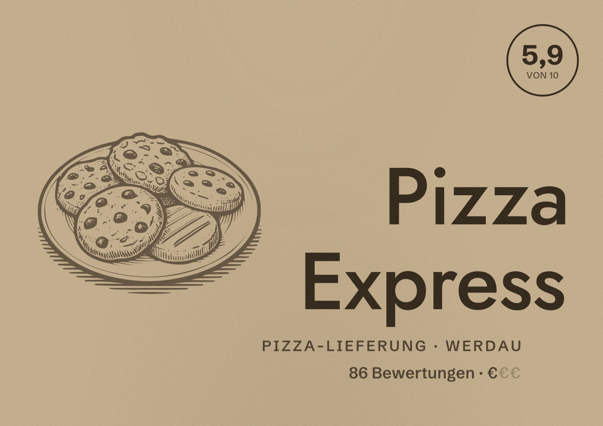 Illustriertes Poster von Pizza Express, Pizza-Lieferung in Werdau: Bewertung 5,9 von 10 aus 86 Bewertungen, Preisniveau €