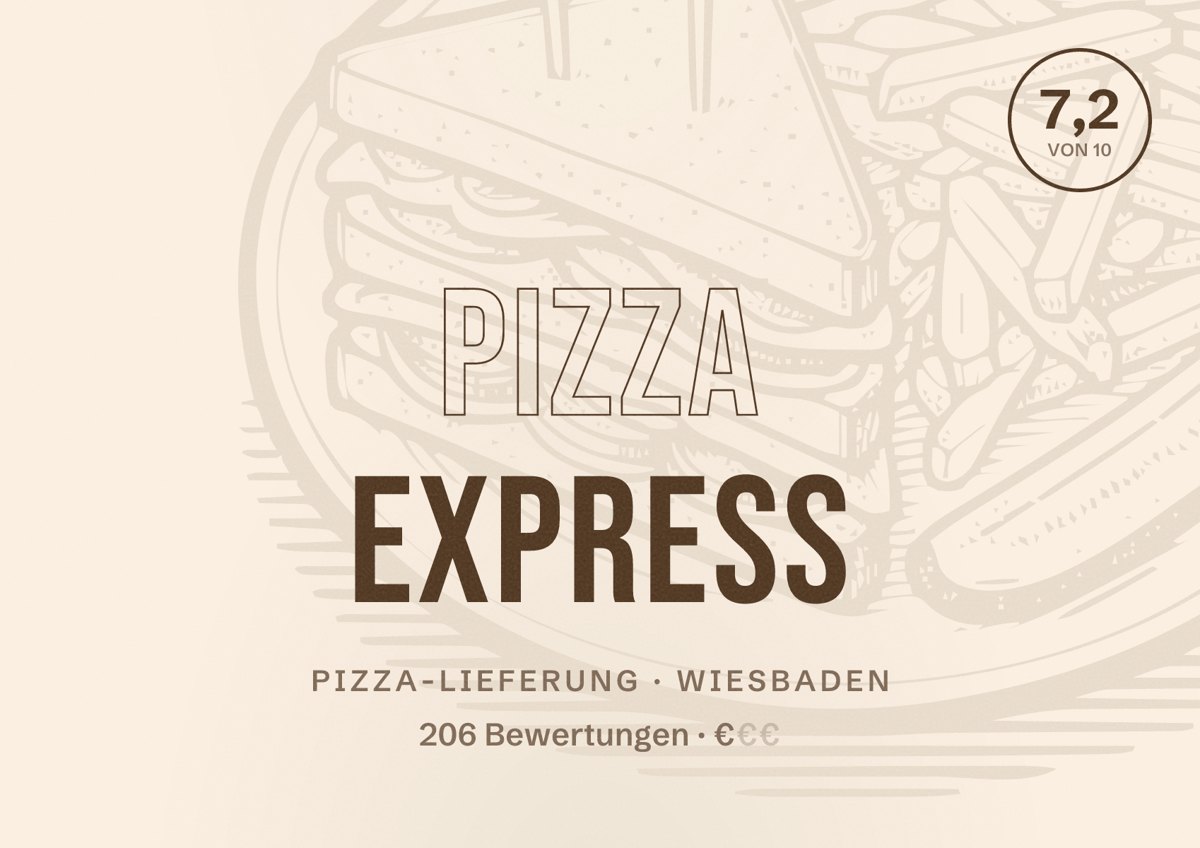 Illustriertes Poster von Pizza Express, Pizza-Lieferung in Wiesbaden: Bewertung 7,2 von 10 aus 206 Bewertungen, Preisniveau €