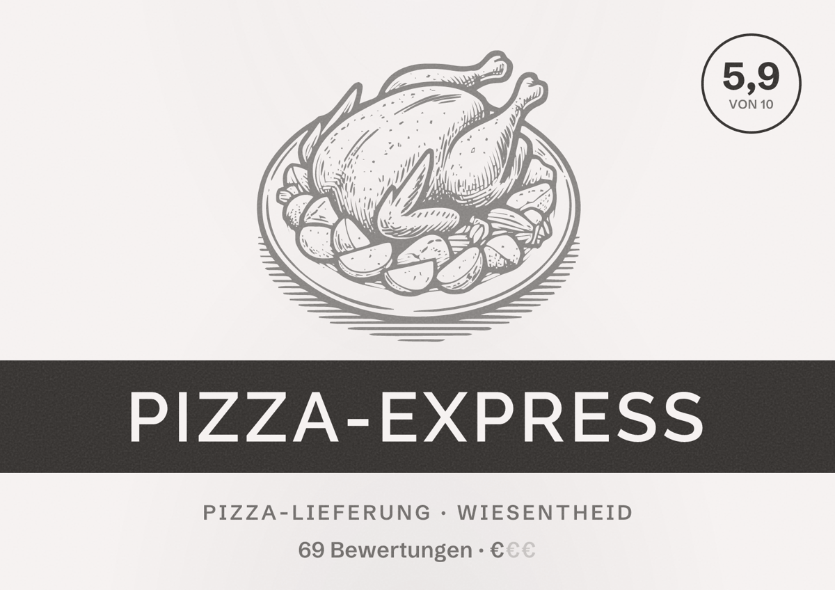 Illustriertes Poster von Pizza-Express, Pizza-Lieferung in Wiesentheid: Bewertung 5,9 von 10 aus 69 Bewertungen, Preisniveau €