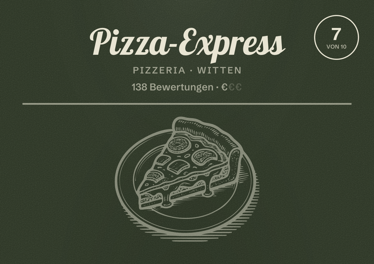 Illustriertes Poster von Pizza-Express, Pizzeria in Witten: Bewertung 7 von 10 aus 138 Bewertungen, Preisniveau €