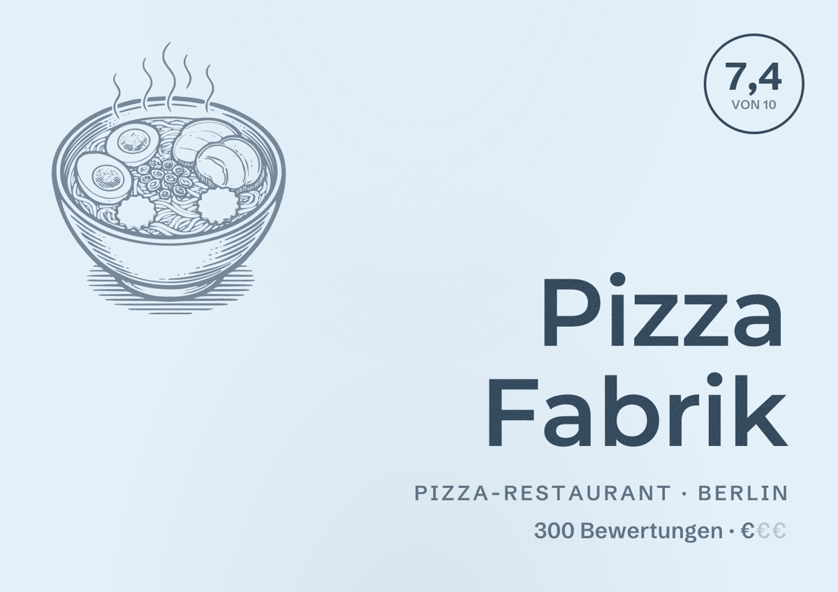 Illustriertes Poster von Pizza Fabrik, Pizza-Restaurant in Berlin: Bewertung 7,4 von 10 aus 300 Bewertungen, Preisniveau €