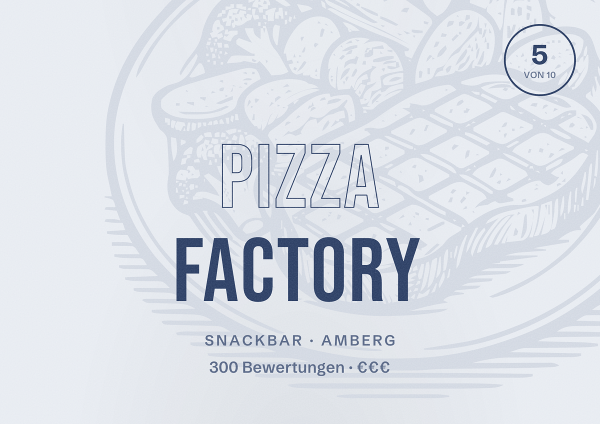 Illustriertes Poster von Pizza Factory, Snackbar in Amberg: Bewertung 5 von 10 aus 300 Bewertungen, Preisniveau €€€
