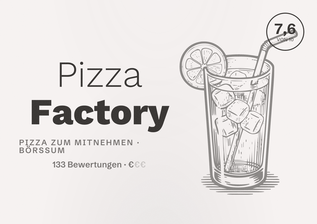 Illustriertes Poster von Pizza Factory, Pizza zum Mitnehmen in Börßum: Bewertung 7,6 von 10 aus 133 Bewertungen, Preisniveau €