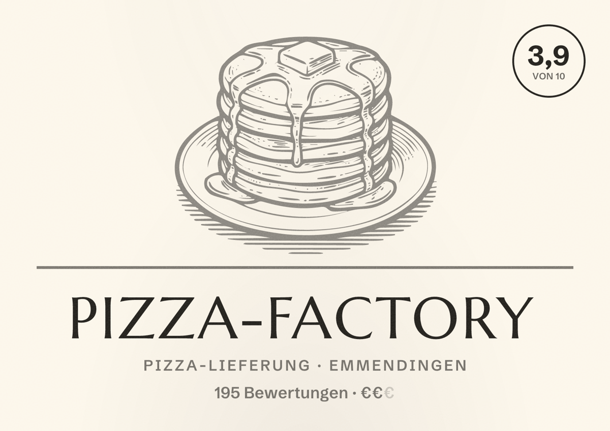 Illustriertes Poster von Pizza-Factory, Pizza-Lieferung in Emmendingen: Bewertung 3,9 von 10 aus 195 Bewertungen, Preisniveau €€