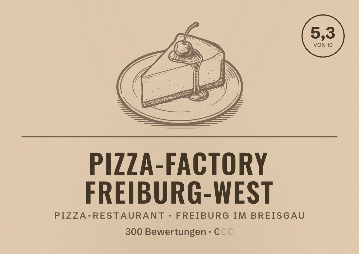 Illustriertes Poster von Pizza-Factory Freiburg-West, Pizza-Restaurant in Freiburg im Breisgau: Bewertung 5,3 von 10 aus 300 Bewertungen, Preisniveau €