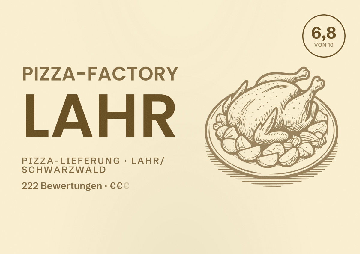 Illustriertes Poster von Pizza-Factory Lahr, Pizza-Lieferung in Lahr/Schwarzwald: Bewertung 6,8 von 10 aus 222 Bewertungen, Preisniveau €€