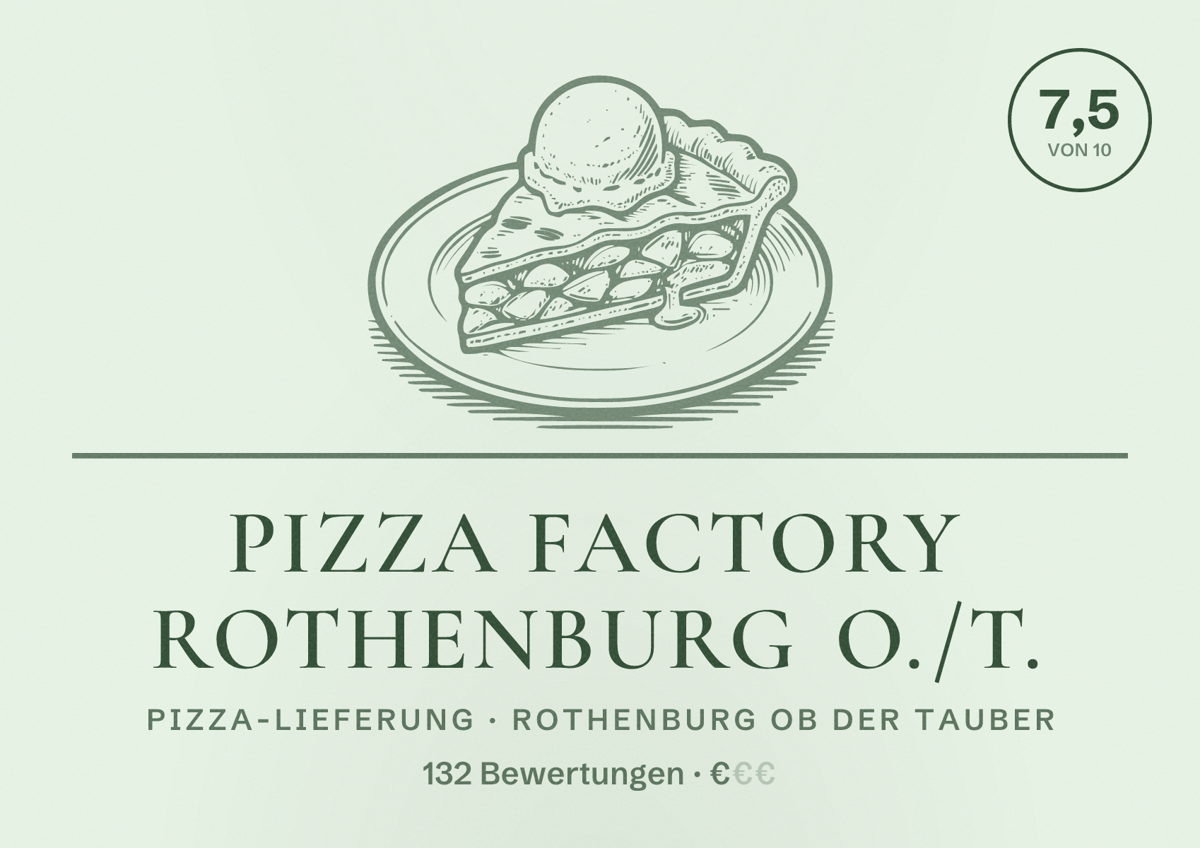 Illustriertes Poster von Pizza Factory Rothenburg o./T., Pizza-Lieferung in Rothenburg ob der Tauber: Bewertung 7,5 von 10 aus 132 Bewertungen, Preisniveau €