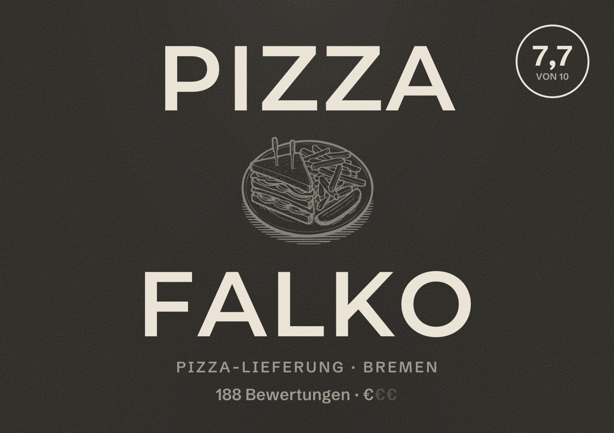 Illustriertes Poster von Pizza Falko, Pizza-Lieferung in Bremen: Bewertung 7,7 von 10 aus 188 Bewertungen, Preisniveau €