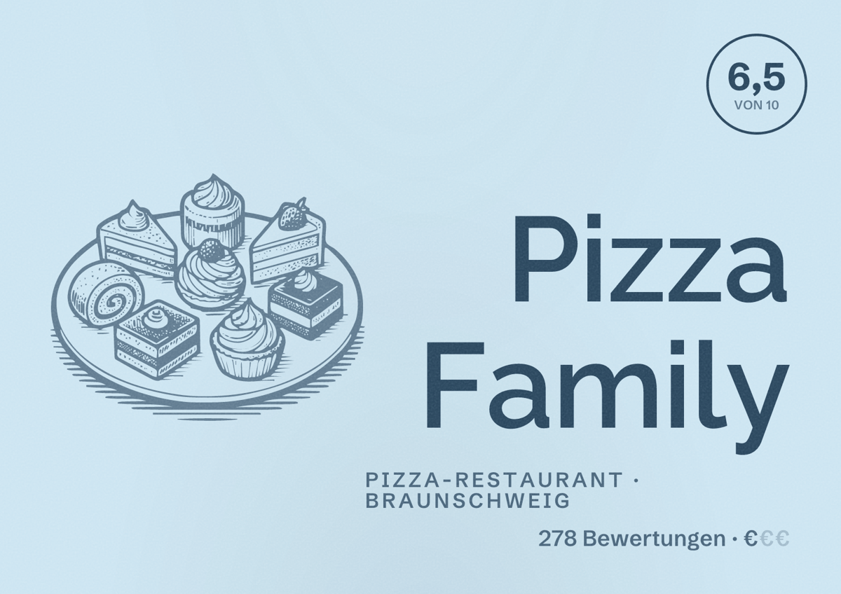 Illustriertes Poster von Pizza Family, Pizza-Restaurant in Braunschweig: Bewertung 6,5 von 10 aus 278 Bewertungen, Preisniveau €