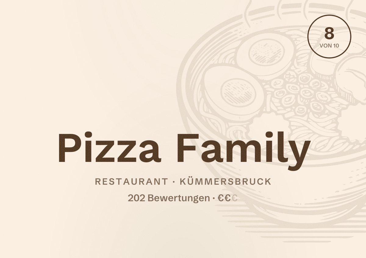 Illustriertes Poster von Pizza Family, Restaurant in Kümmersbruck: Bewertung 8 von 10 aus 202 Bewertungen, Preisniveau €€