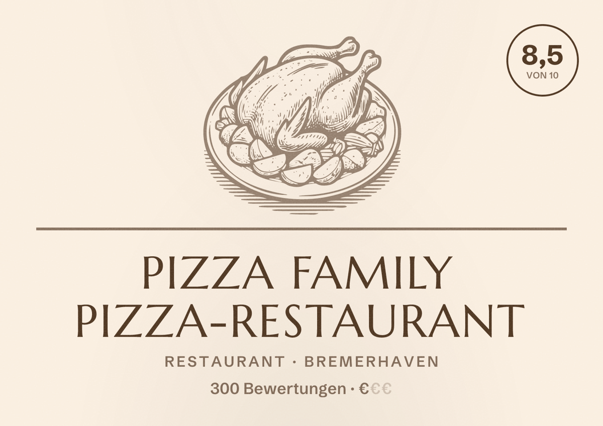 Illustriertes Poster von Pizza Family Pizza-Restaurant, Restaurant in Bremerhaven: Bewertung 8,5 von 10 aus 300 Bewertungen, Preisniveau €