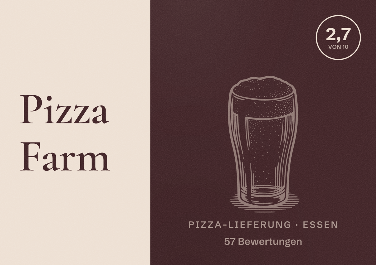Illustriertes Poster von Pizza Farm, Pizza-Lieferung in Essen: Bewertung 2,7 von 10 aus 57 Bewertungen