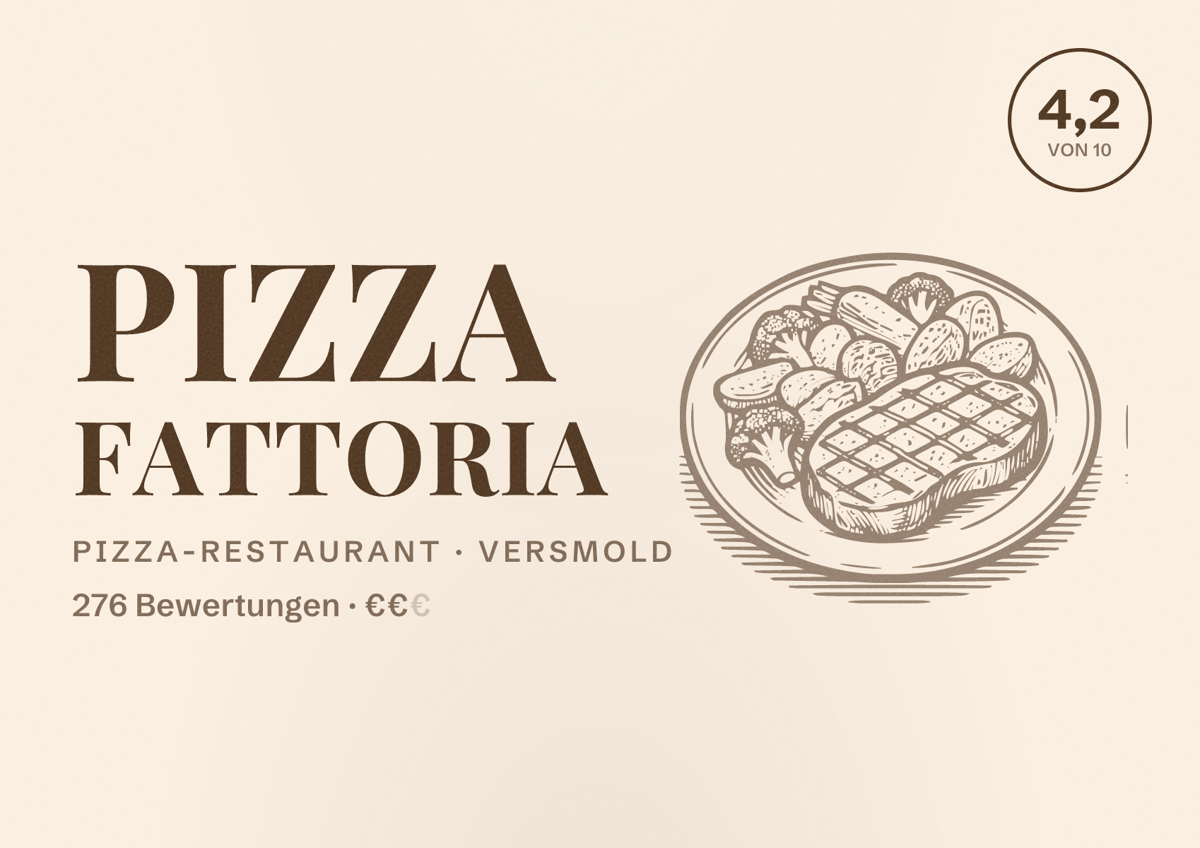 Illustriertes Poster von Pizza Fattoria, Pizza-Restaurant in Versmold: Bewertung 4,2 von 10 aus 276 Bewertungen, Preisniveau €€