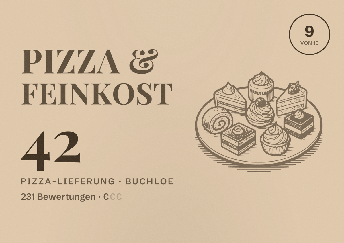 Illustriertes Poster von Pizza & Feinkost 42, Pizza-Lieferung in Buchloe: Bewertung 9 von 10 aus 231 Bewertungen, Preisniveau €