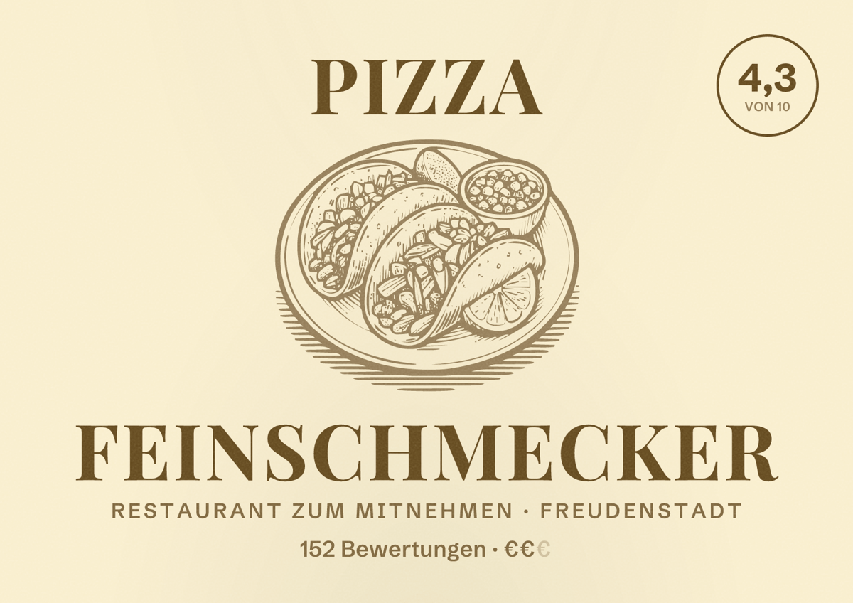 Illustriertes Poster von Pizza Feinschmecker, Restaurant zum Mitnehmen in Freudenstadt: Bewertung 4,3 von 10 aus 152 Bewertungen, Preisniveau €€
