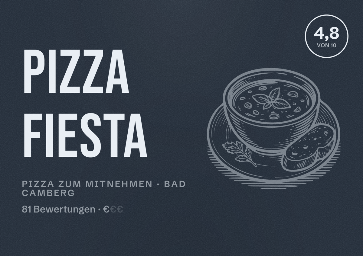 Illustriertes Poster von Pizza Fiesta, Pizza zum Mitnehmen in Bad Camberg: Bewertung 4,8 von 10 aus 81 Bewertungen, Preisniveau €