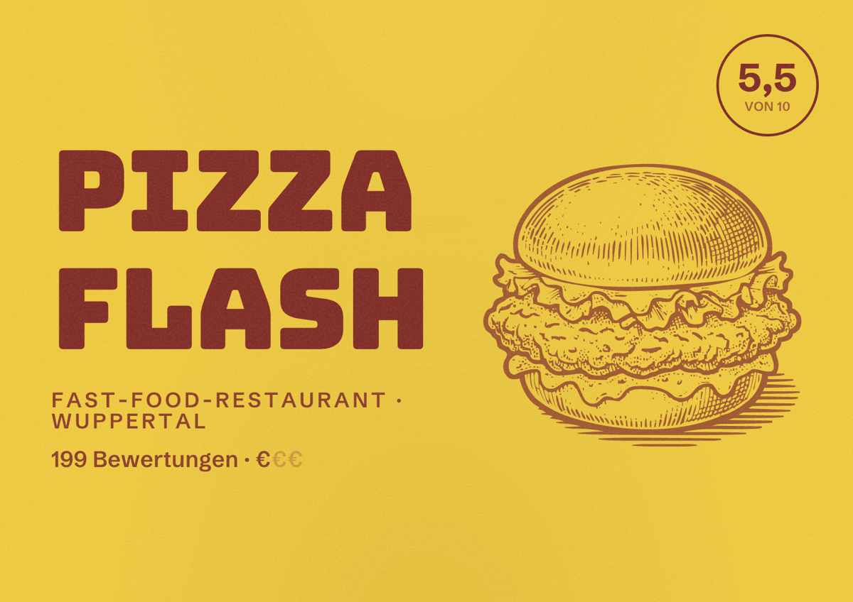 Illustriertes Poster von Pizza Flash, Fast-Food-Restaurant in Wuppertal: Bewertung 5,5 von 10 aus 199 Bewertungen, Preisniveau €
