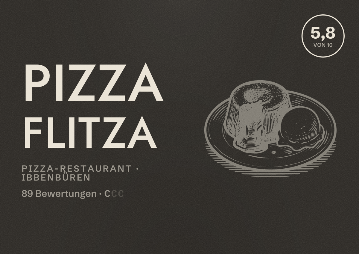 Illustriertes Poster von Pizza Flitza, Pizza-Restaurant in Ibbenbüren: Bewertung 5,8 von 10 aus 89 Bewertungen, Preisniveau €
