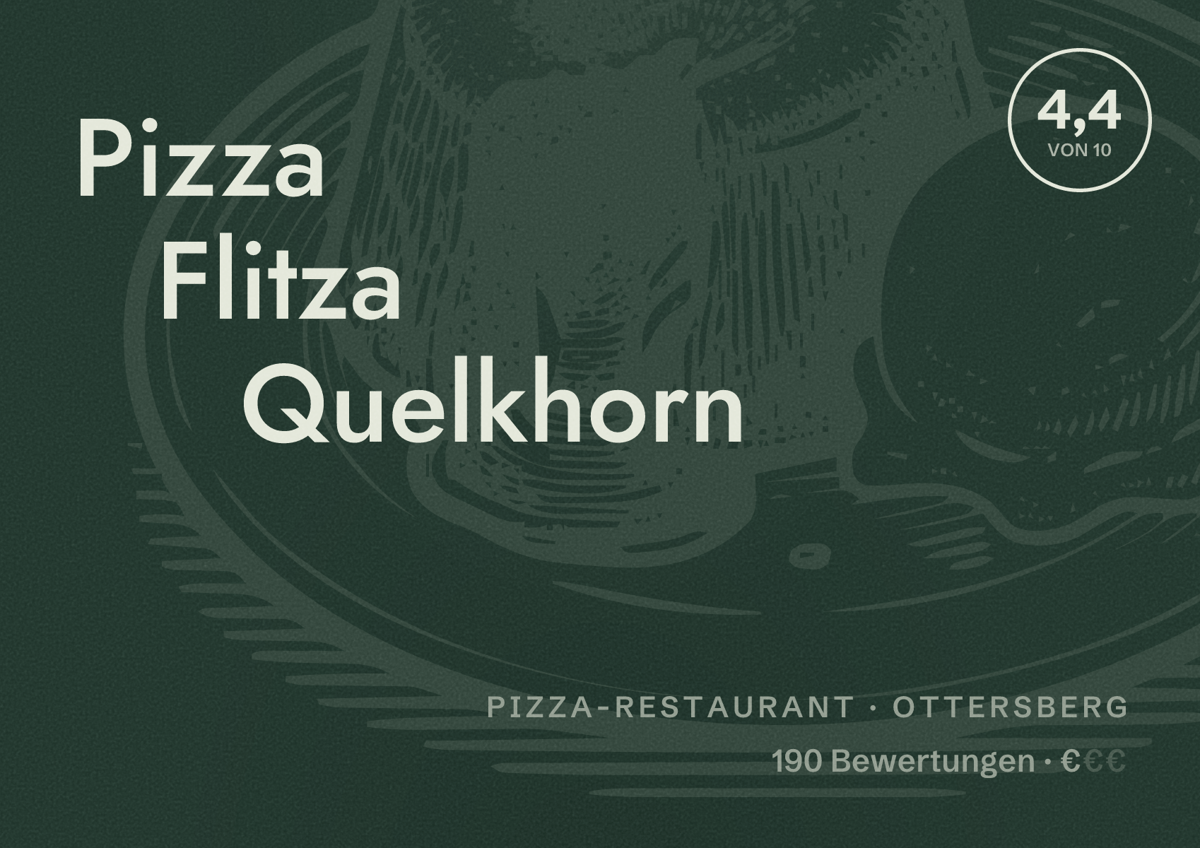 Illustriertes Poster von Pizza Flitza Quelkhorn, Pizza-Restaurant in Ottersberg: Bewertung 4,4 von 10 aus 190 Bewertungen, Preisniveau €