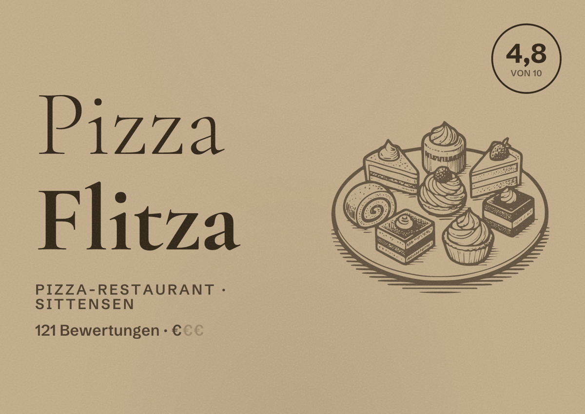 Illustriertes Poster von Pizza Flitza, Pizza-Restaurant in Sittensen: Bewertung 4,8 von 10 aus 121 Bewertungen, Preisniveau €