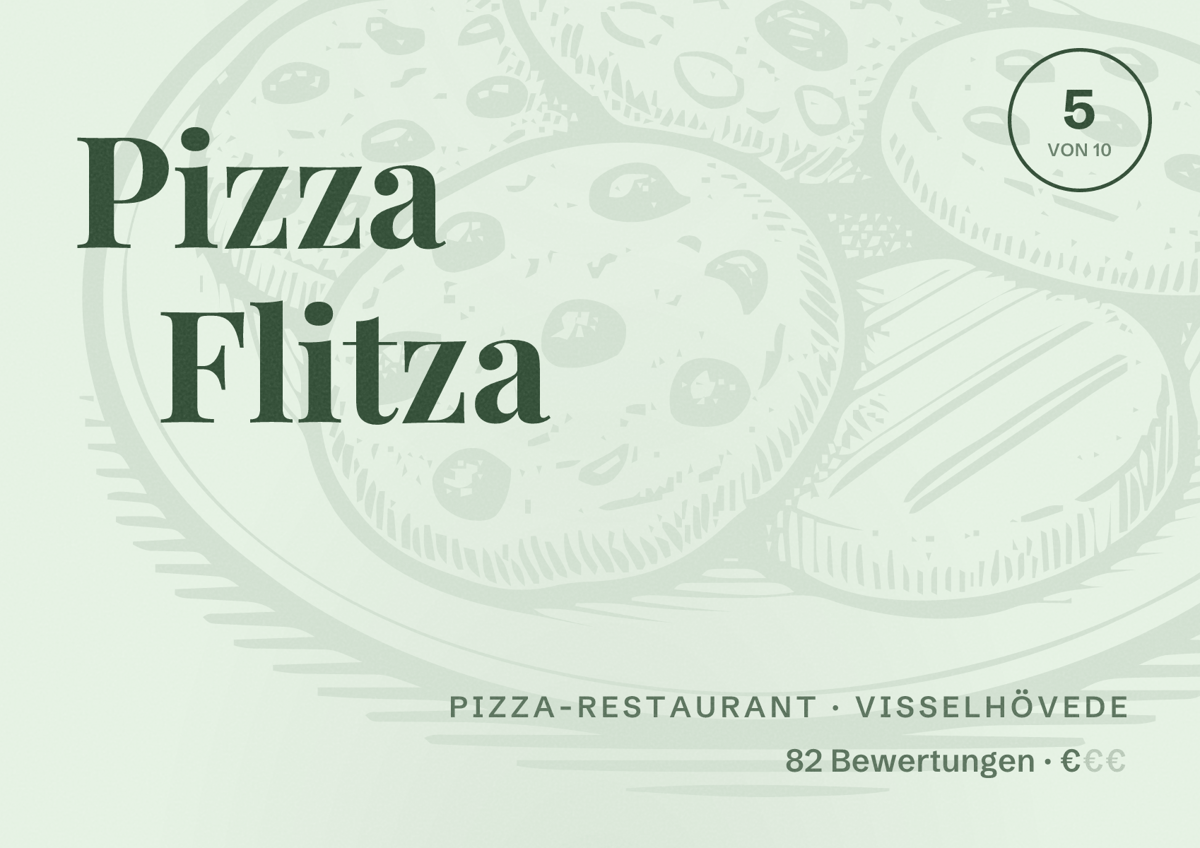 Illustriertes Poster von Pizza Flitza, Pizza-Restaurant in Visselhövede: Bewertung 5 von 10 aus 82 Bewertungen, Preisniveau €