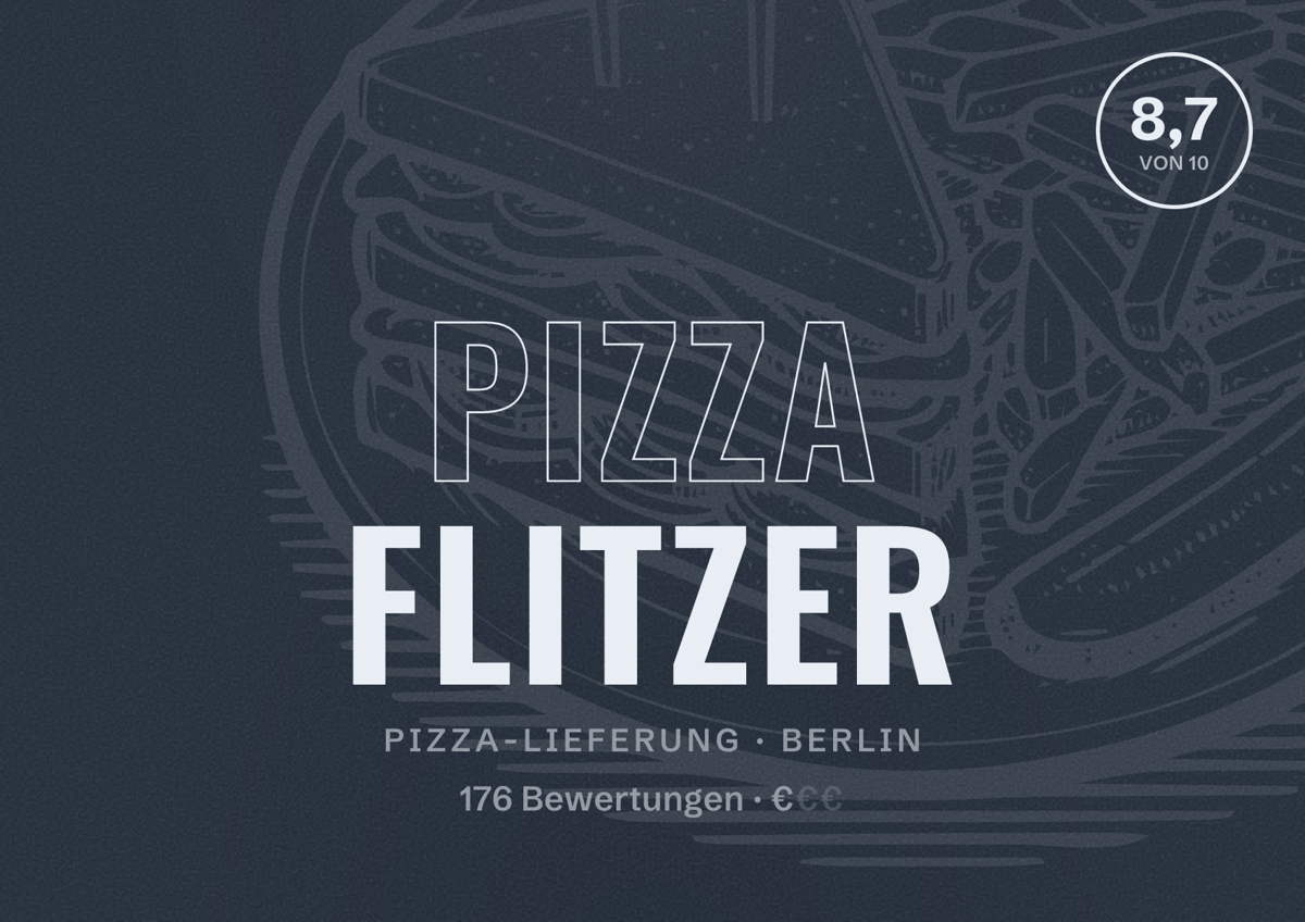 Illustriertes Poster von Pizza Flitzer, Pizza-Lieferung in Berlin: Bewertung 8,7 von 10 aus 176 Bewertungen, Preisniveau €