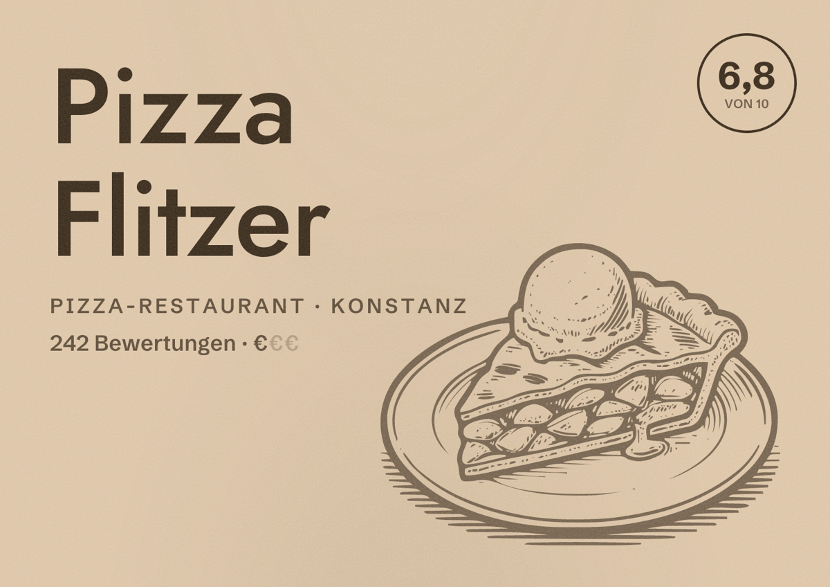 Illustriertes Poster von Pizza Flitzer, Pizza-Restaurant in Konstanz: Bewertung 6,8 von 10 aus 242 Bewertungen, Preisniveau €