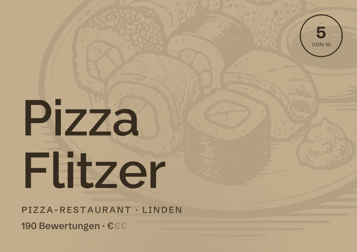 Illustriertes Poster von Pizza Flitzer, Pizza-Restaurant in Linden: Bewertung 5 von 10 aus 190 Bewertungen, Preisniveau €