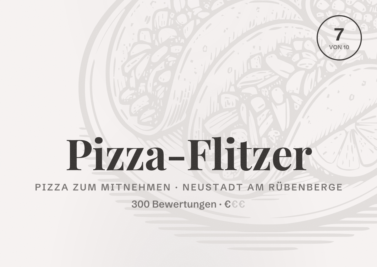Illustriertes Poster von Pizza-Flitzer, Pizza zum Mitnehmen in Neustadt am Rübenberge: Bewertung 7 von 10 aus 300 Bewertungen, Preisniveau €