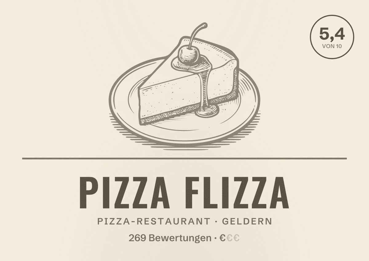 Illustriertes Poster von Pizza Flizza, Pizza-Restaurant in Geldern: Bewertung 5,4 von 10 aus 269 Bewertungen, Preisniveau €