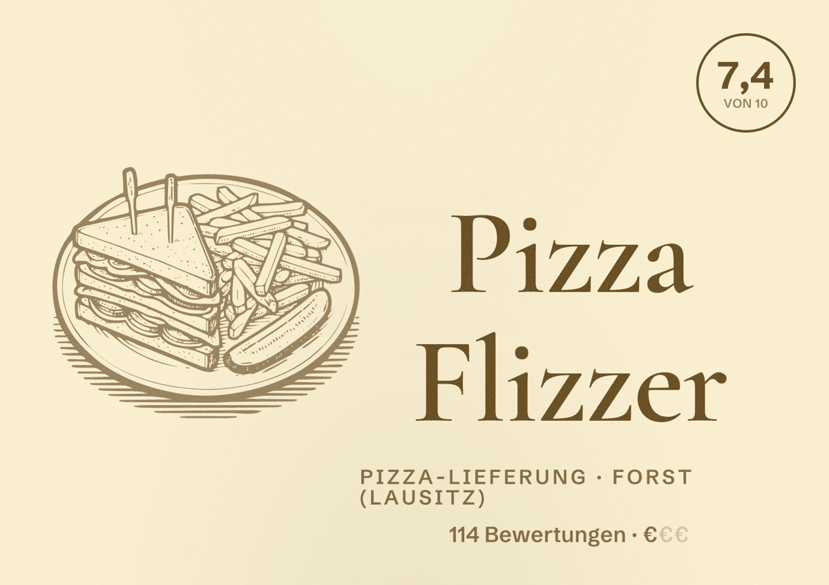 Illustriertes Poster von Pizza Flizzer, Pizza-Lieferung in Forst (Lausitz): Bewertung 7,4 von 10 aus 114 Bewertungen, Preisniveau €
