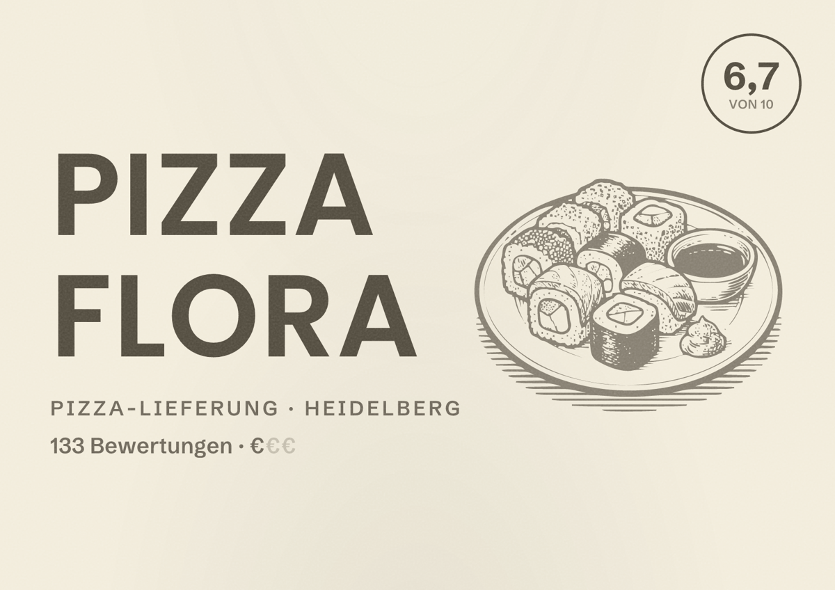 Illustriertes Poster von Pizza Flora, Pizza-Lieferung in Heidelberg: Bewertung 6,7 von 10 aus 133 Bewertungen, Preisniveau €