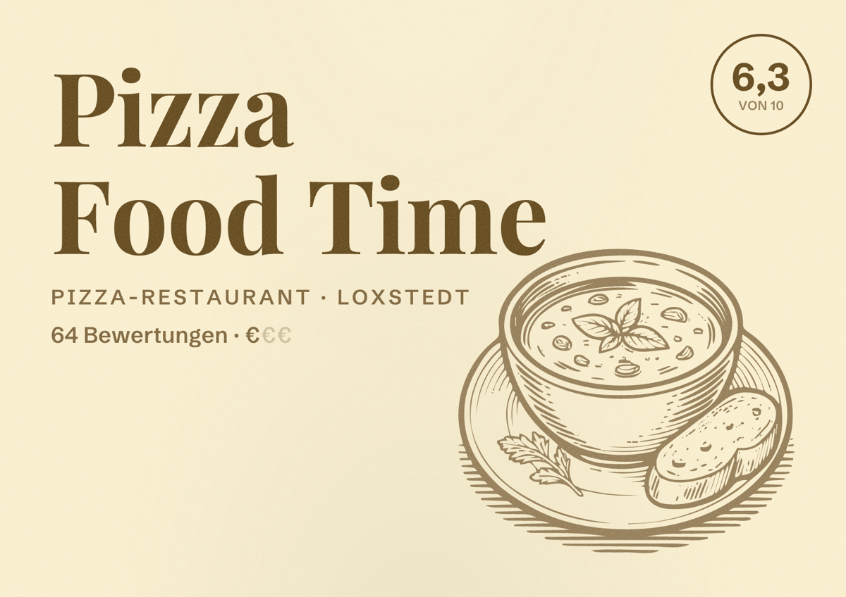 Illustriertes Poster von Pizza Food Time, Pizza-Restaurant in Loxstedt: Bewertung 6,3 von 10 aus 64 Bewertungen, Preisniveau €
