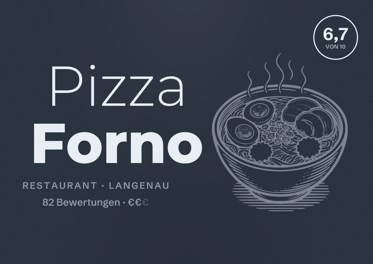Illustriertes Poster von Pizza Forno, Restaurant in Langenau: Bewertung 6,7 von 10 aus 82 Bewertungen, Preisniveau €€