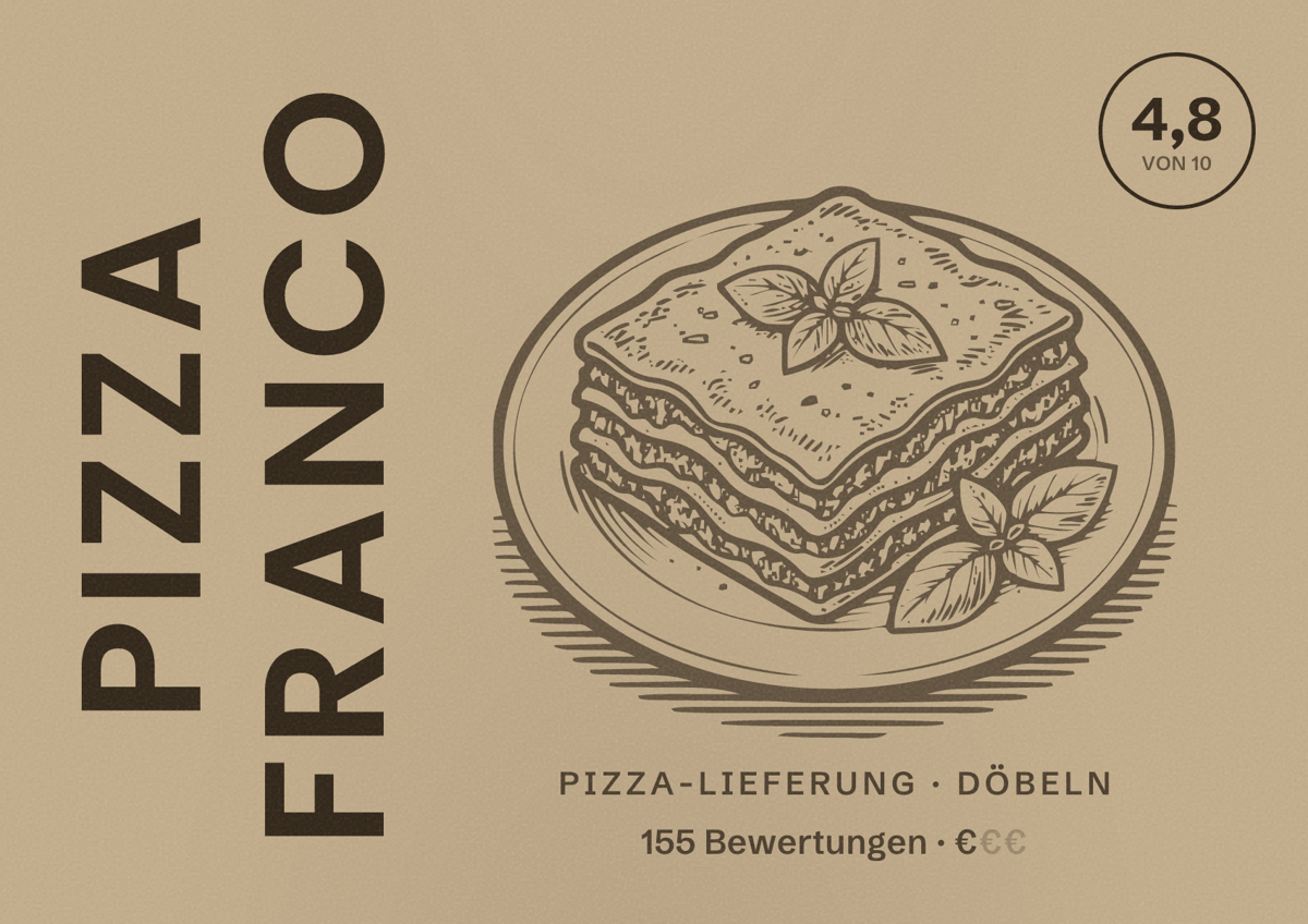 Illustriertes Poster von Pizza Franco, Pizza-Lieferung in Döbeln: Bewertung 4,8 von 10 aus 155 Bewertungen, Preisniveau €