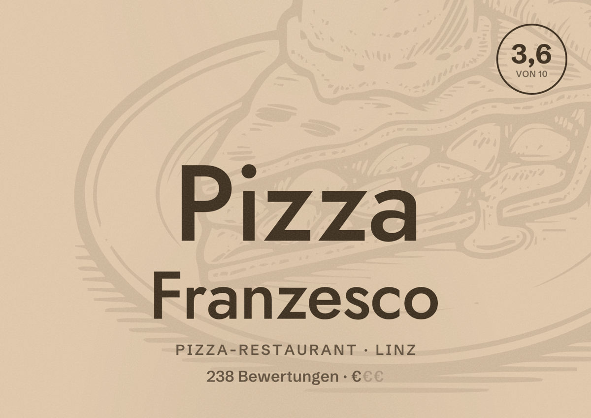 Illustriertes Poster von Pizza Franzesco, Pizza-Restaurant in Linz: Bewertung 3,6 von 10 aus 238 Bewertungen, Preisniveau €