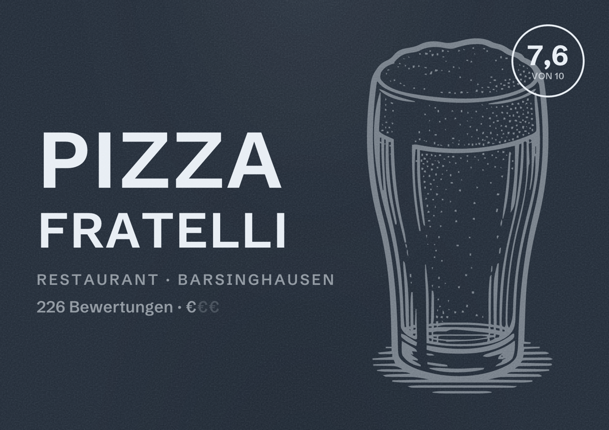 Illustriertes Poster von Pizza Fratelli, Restaurant in Barsinghausen: Bewertung 7,6 von 10 aus 226 Bewertungen, Preisniveau €