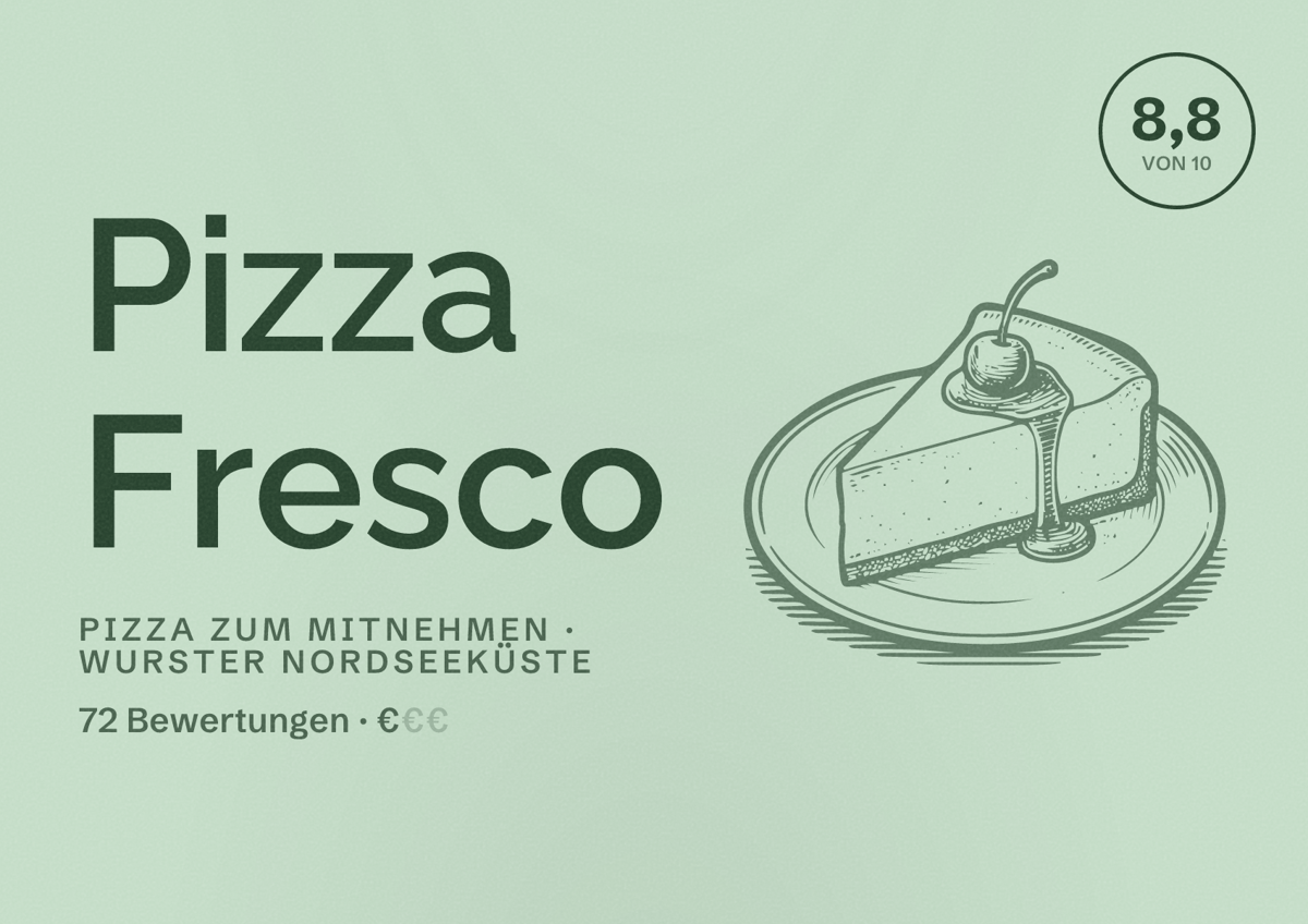 Illustriertes Poster von Pizza Fresco, Pizza zum Mitnehmen in Wurster Nordseeküste: Bewertung 8,8 von 10 aus 72 Bewertungen, Preisniveau €