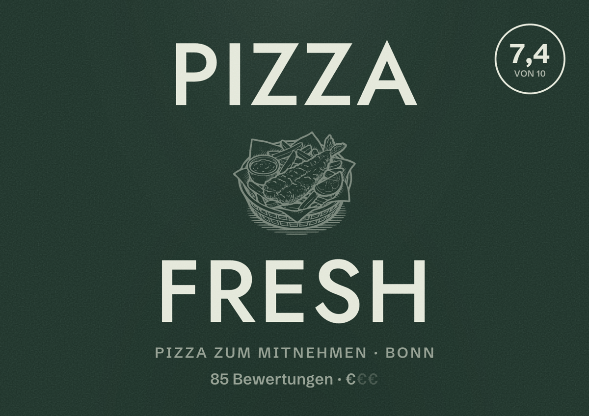 Illustriertes Poster von Pizza Fresh, Pizza zum Mitnehmen in Bonn: Bewertung 7,4 von 10 aus 85 Bewertungen, Preisniveau €