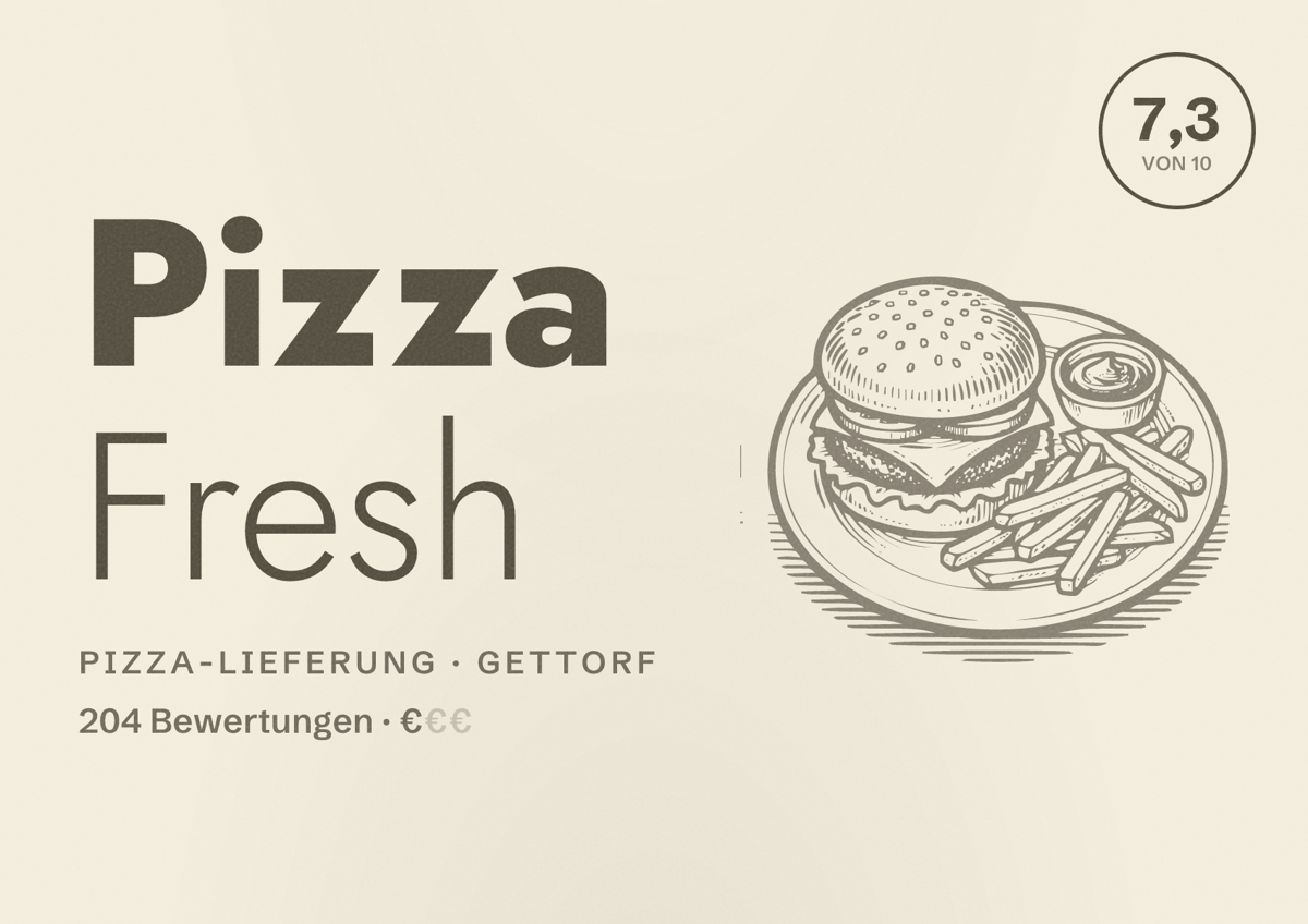Illustriertes Poster von Pizza Fresh, Pizza-Lieferung in Gettorf: Bewertung 7,3 von 10 aus 204 Bewertungen, Preisniveau €