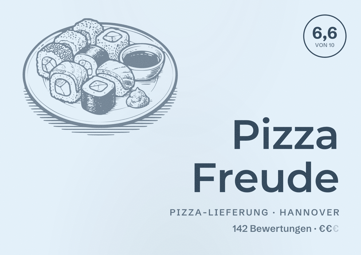 Illustriertes Poster von Pizza Freude, Pizza-Lieferung in Hannover: Bewertung 6,6 von 10 aus 142 Bewertungen, Preisniveau €€
