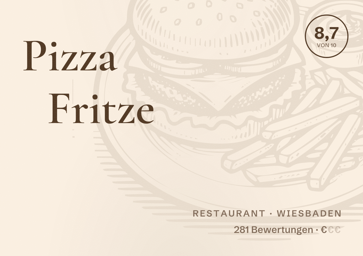 Illustriertes Poster von Pizza Fritze, Restaurant in Wiesbaden: Bewertung 8,7 von 10 aus 281 Bewertungen, Preisniveau €