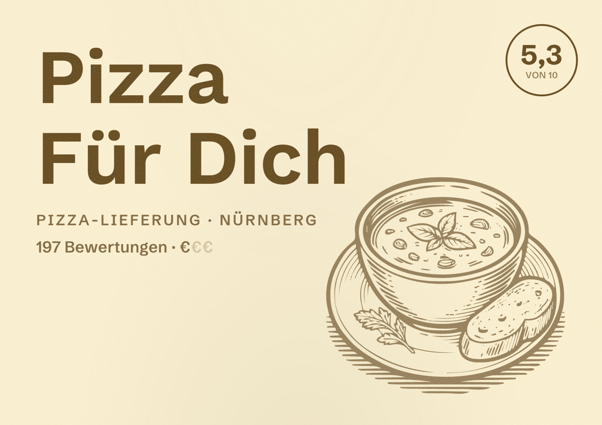 Illustriertes Poster von Pizza Für Dich, Pizza-Lieferung in Nürnberg: Bewertung 5,3 von 10 aus 197 Bewertungen, Preisniveau €